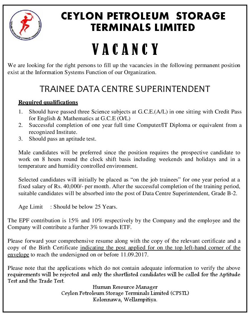 Trainee Data Centre Superintendent - Ceylon Petroleum Storage Terminals Limited